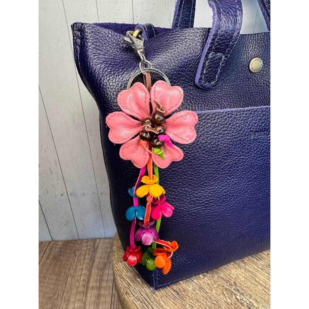 Pink Daisy Flower Leather Bag Charm Genuine Leather Purse Charm Flowers